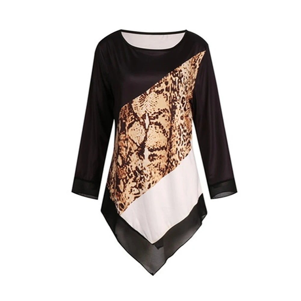 

Women Autumn Leopard Snakeskin Printed O-Neck 3/4 Sleeve Shirt Irregular Blouse