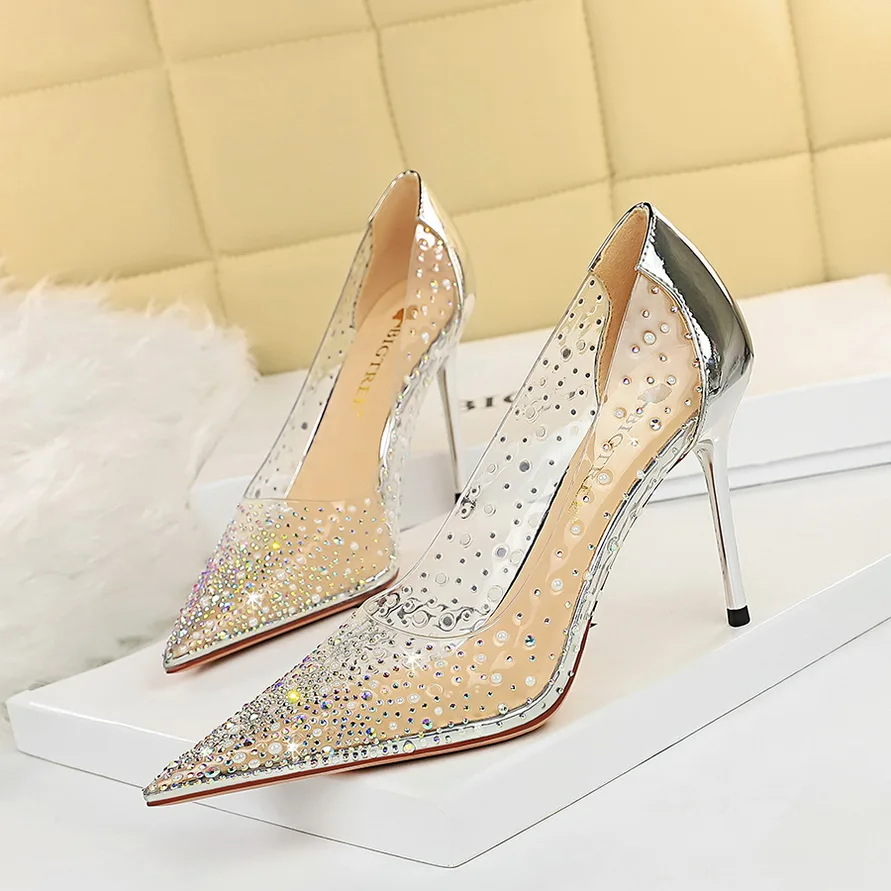 BIGTREE 2022 New Crystal 10cm Heels Women Pumps Pointed Toe Thin Heels Shallow Woman Dress Weeding Shoes Bling Elegant Pumps