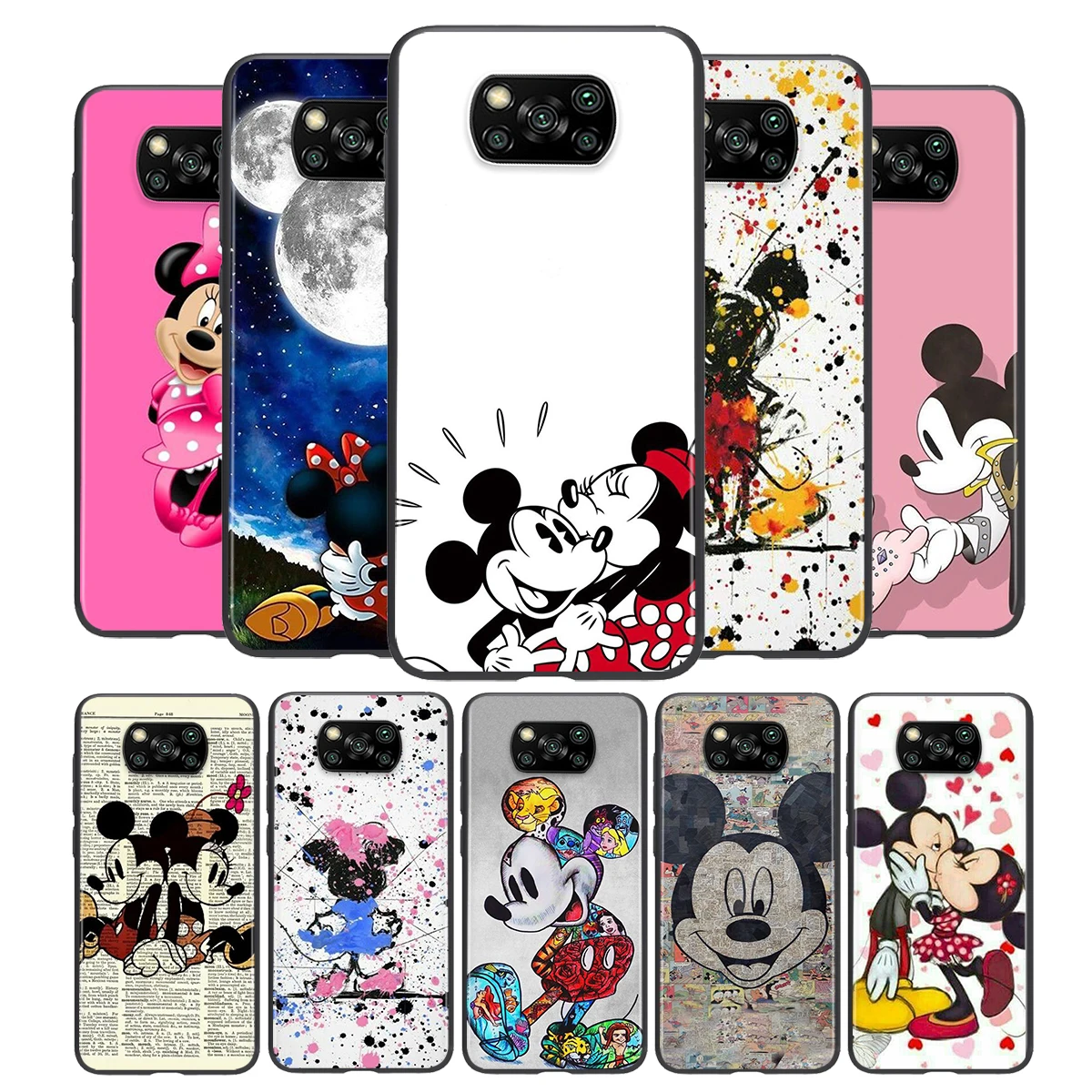

For Xiaomi Civi Play Mix 3 A2 A1 6X 5X Poco X3 NFC F3 GT M3 M2 X2 F2 Pro C3 F1 Cute Mickey Minnie Love Black TPU Phone Case