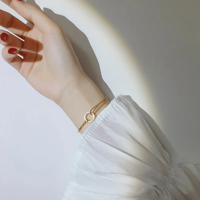 

Double Layer Bead Round Circle Chain Bracelet Stainless Steel Adjustable Rectangle Link Bangle For Women