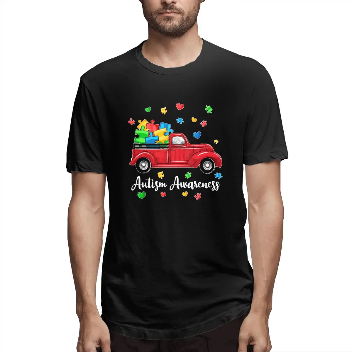 Red Truck Autism Puzzle Pieces Autism Awareness Graphic Tee Men's Short Sleeve T-shirt Funny Cotton Tops