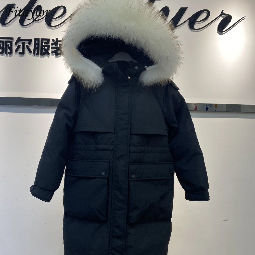 Fitaylor Женское пальто с натуральным мехом енота зимняя куртка на 90% белом утином