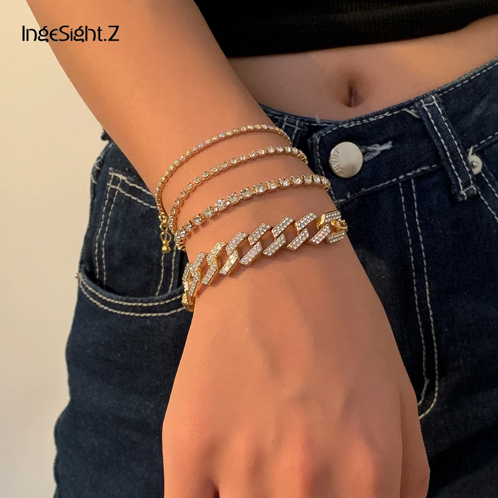 

IngeSight.Z 4Pcs/Set Full Iced Out Rhinestone Miami Curb Cuban Bracelets Bangle Women Crystal Chain Bracelet Wrist Chain Jewelry