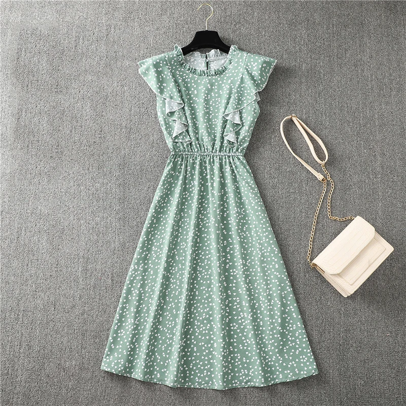 

2021 Summer Flowers Printed Polka Dots Dress Sleeveless Crew Neck Midi Sundress Fashion Ruffles Casual Dresses For Women