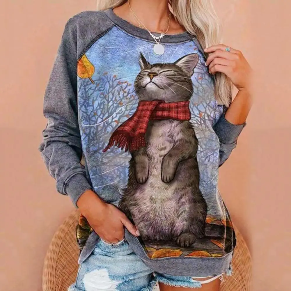 

Новинка, женская блузка с круглым вырезом и длинным рукавом с принтом листьев и кошек, свитшот на осень и зиму
