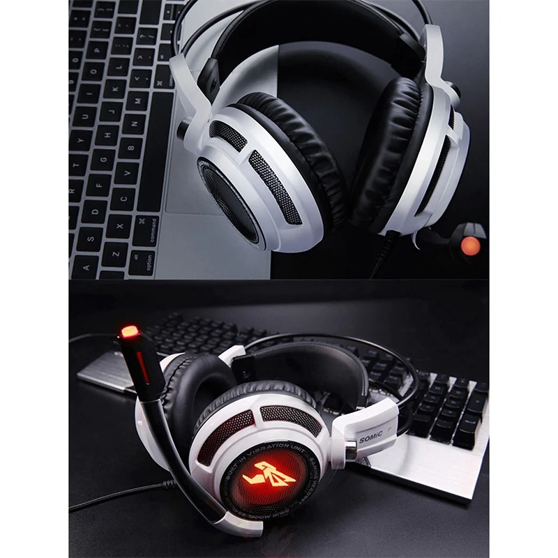

Somic 2 Pcs USB Gaming Headset 7.1 Vibration LED Light Headset with Microphone Cancelling Headphones, White & Black