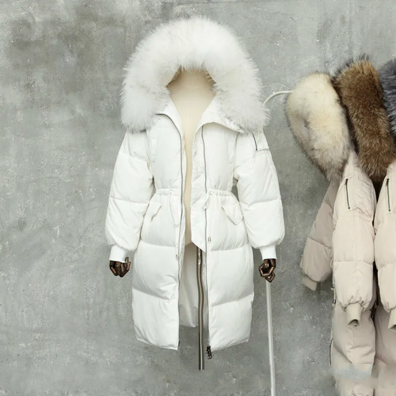 Толстый корейский длинный зимний белый пуховик для женщин большой натуральный