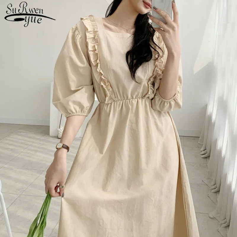 

Sweet Chic 2021 Summer Women Dress Solid Cotton Bubble Sleeve Sqaure Neck Dress French Women Fashion Party Dress Vestidos 13959
