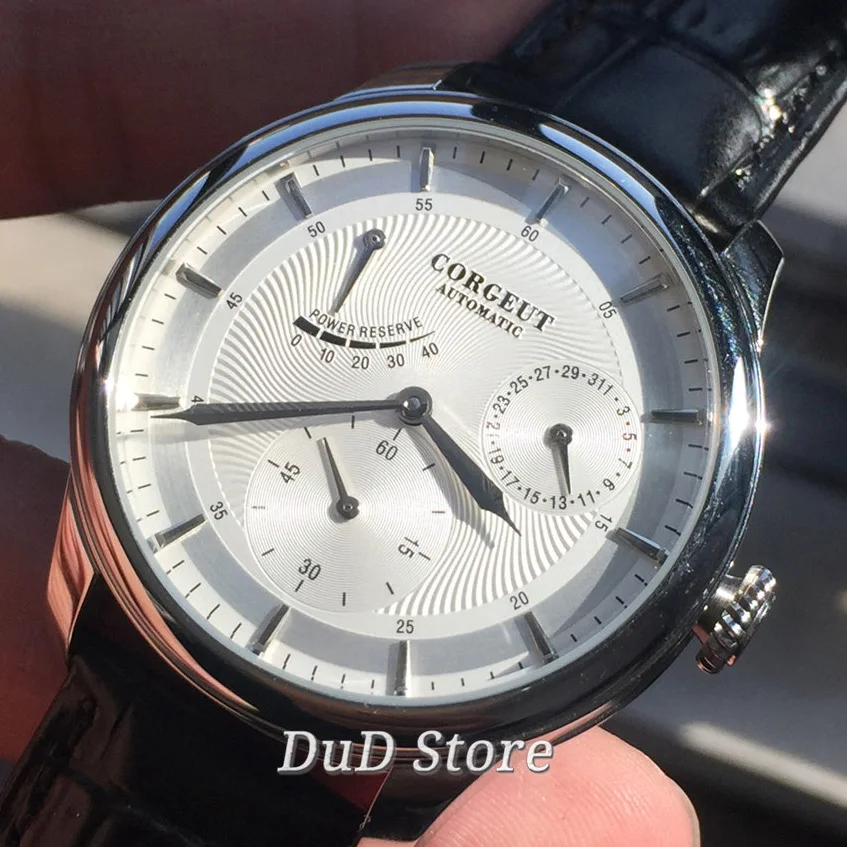 Corgeut New Men s Top Mechanical Watch stainless silvery Case White Dial Date Leather Strap Power Reserve Automatic Wristwatch