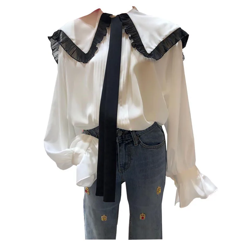 

Spring Autumn Women's Blouse Korean Style Single-breasted Ribbon Tulle Top New Slimming Long-sleeved Female Tops LL262