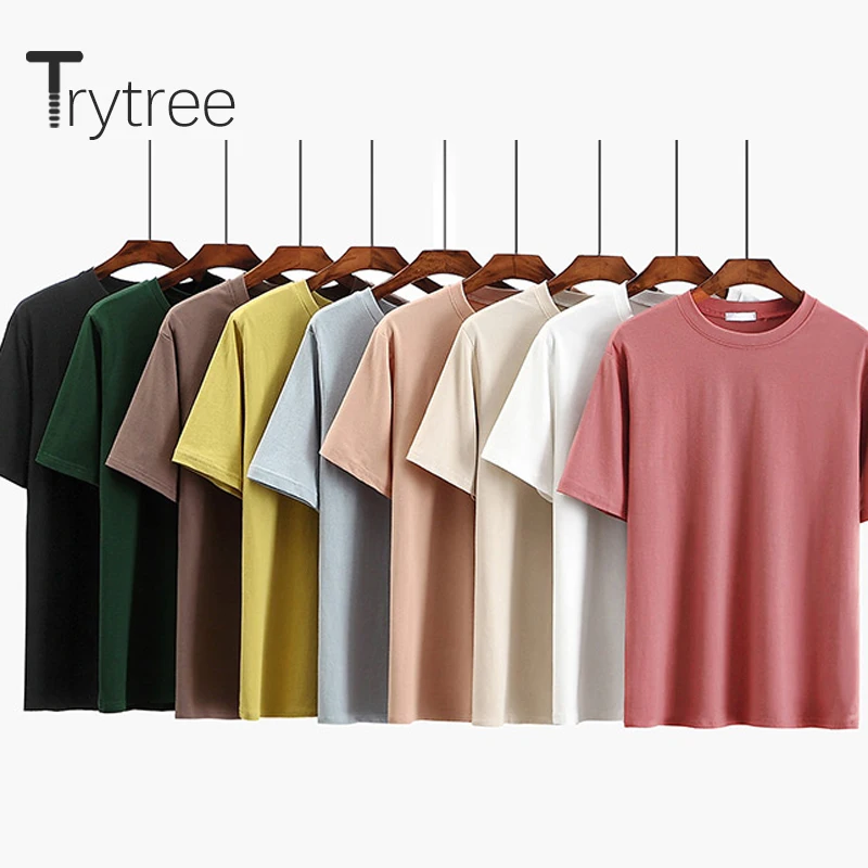 

Trytree 2020 Summer Casual Women T-Shirt Solid 18 Colors O-Neck Cotton Loose Fashion T-shirt All-Purpose Style T-shirt Tops
