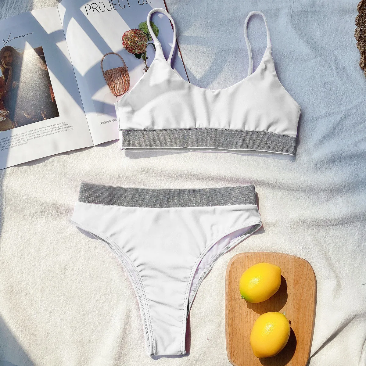 

European and American swimsuit 2021 European and American sexy high waist bikini split swimsuit ladies sequined solid color