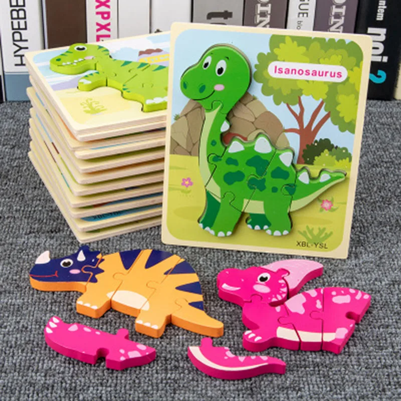 

Hot Sale New Kids Toy Wood 3D Jigsaw Cartoon Dinosaur Animal Puzzle Early Educational Toys Christmas Gifts For Children