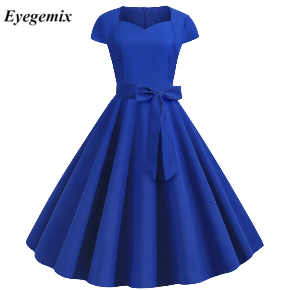 JY14134 Blue Летнее женское винтажное платье 50S 60S с коротким рукавом, повседневные Элегантные ретро офисные вечерние платья средней длины, женское платье размера плюс, однотонные платья - Цвет: JY14134 Blue