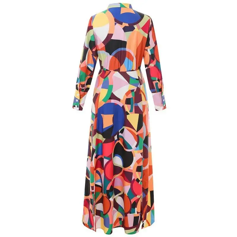 

ZITY 2020 Women Geometric Print Long Sleeve Bow Collar Split Vintage Geometric Print Long Dress Women Loose Dresses Plus Size