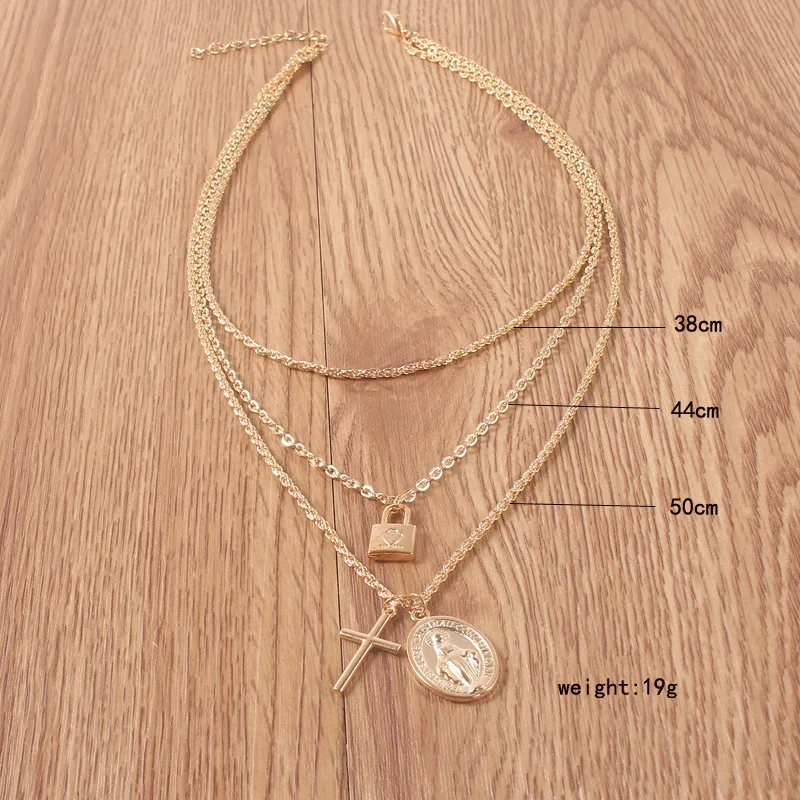 BUTEELUVV Lock Cross Jesus Pendant Necklace for Women Vintage Religious Gold Triple Layered Chain Fashion Jewelry | Украшения и
