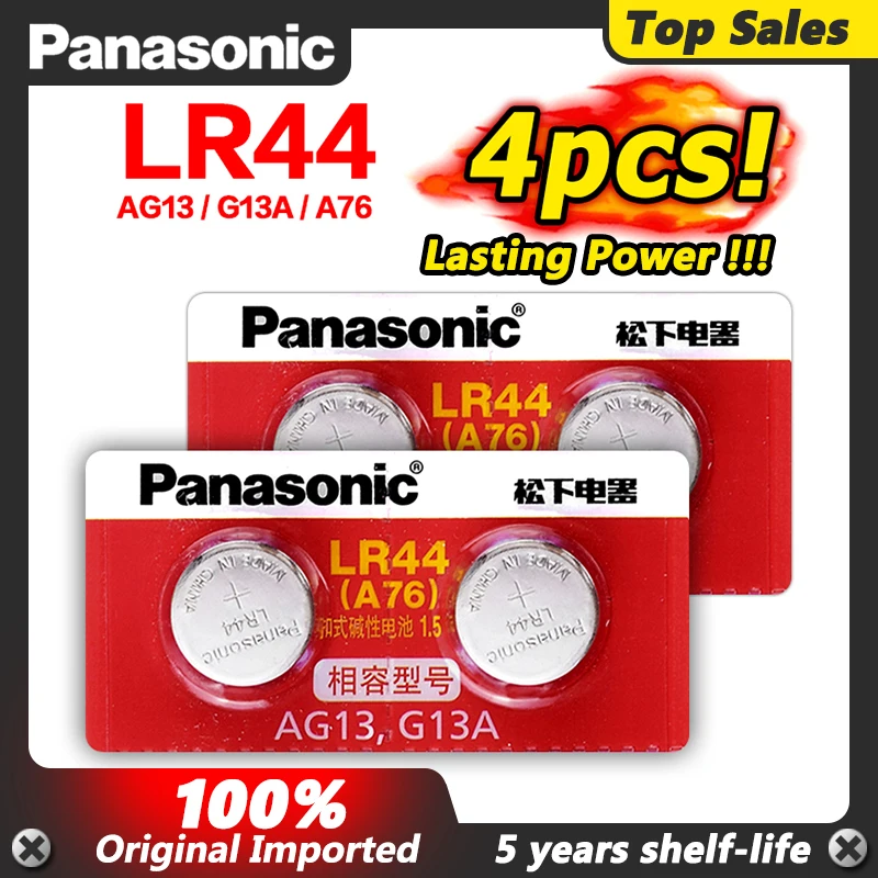 

Panasonic 100% Original 4pc 1.5V A76 AG13 G13A LR44 LR1154 357A SR44 Button Cell Battery lr44 Lithium Coin Batteries