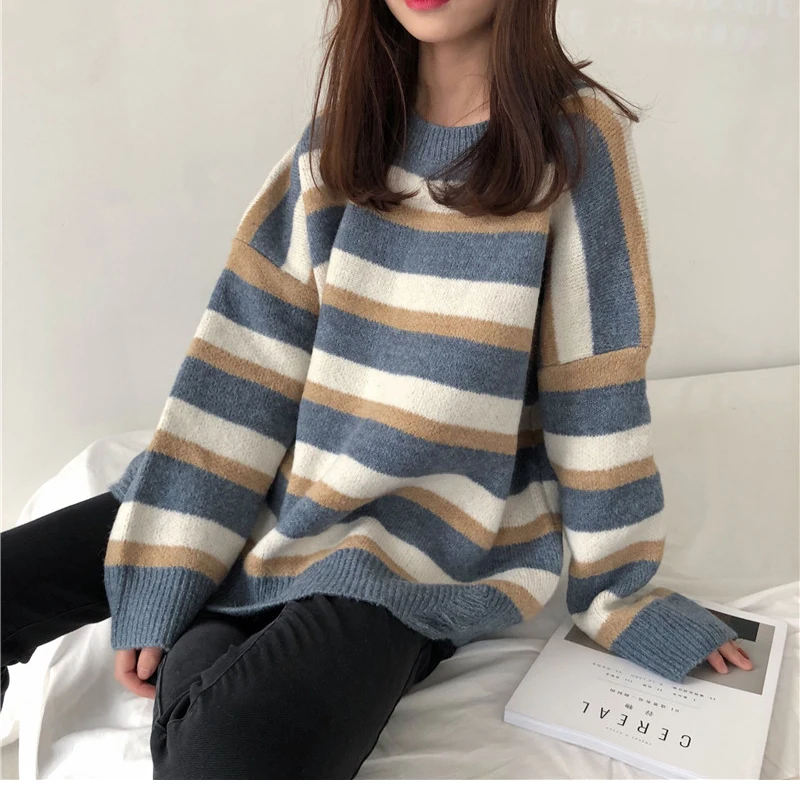 

Зимняя женская одежда 2021, винтажный Повседневный свободный свитер в Корейском стиле, контрастный Свитер оверсайз в полоску