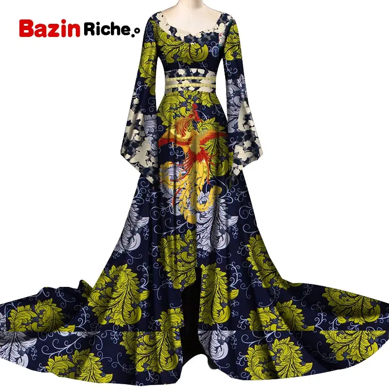 Dashiki African Print Long Dresses for Women Sexy Patchwork Lace O-neck Wedding Floor-length Dresses Bazin Riche Vestidos WY6082