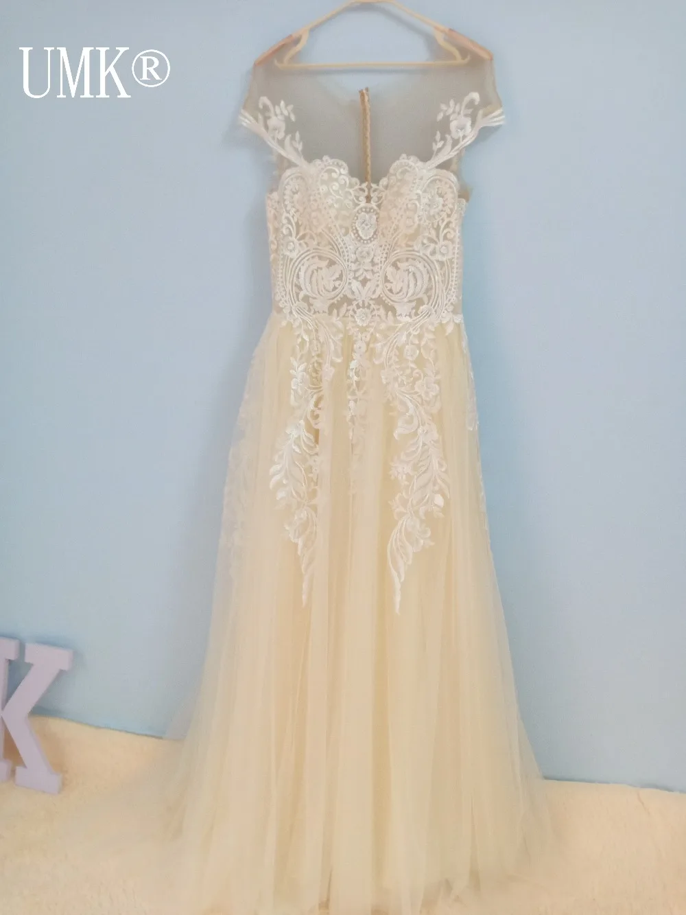 Винтажное кружевное пляжное Бохо свадебное платье цвета шампань Vestido de Noiva сексуальное прозрачное Тюлевое свадебное платье с коротким рукавом - Цвет: Шампанское