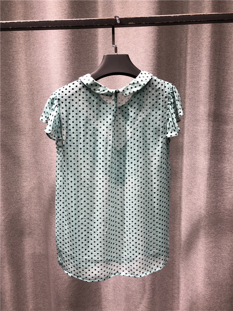 

Tshirt Women 2021New Summer Products Fashion Pure Silk Lapel Sleeveless Top Ruffles At Chest Full Body Dot Back Neckline Button