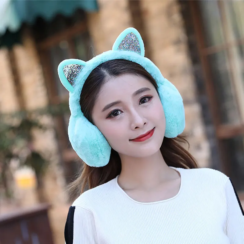 

2021 Newest Fashion Warm Earmuffs Ear Warmer Women Girls Ear Muffs Earlap Warmer Winter Gifts Elegant Cat Ear Shiny Earmuffs