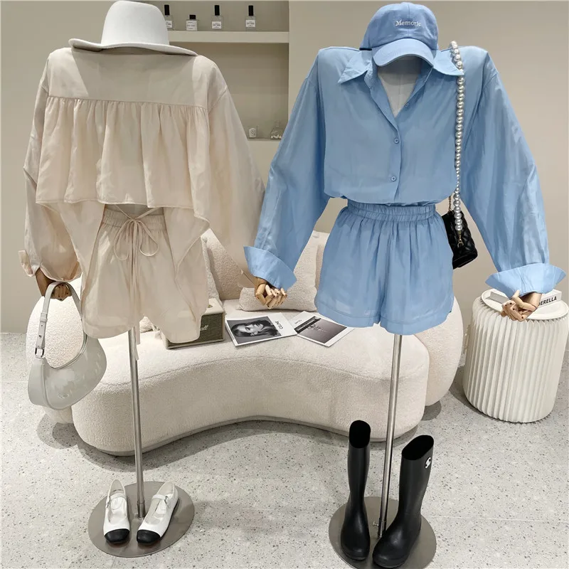 

Women's Clothing Summer Niche Design New Drawstring Lace Up Long Sleeve Slim Care Machine Open Back Shirt + High Waist Shorts