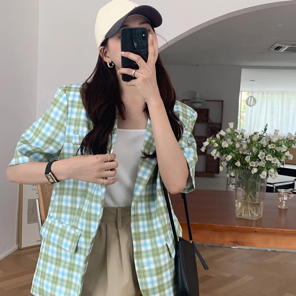 

Korejpaa Women Blazers 2021 Summer Korean Chic Gentle Green Lapel Two Buttons Loose Versatile Short-Sleeved Plaid Suit Jackets