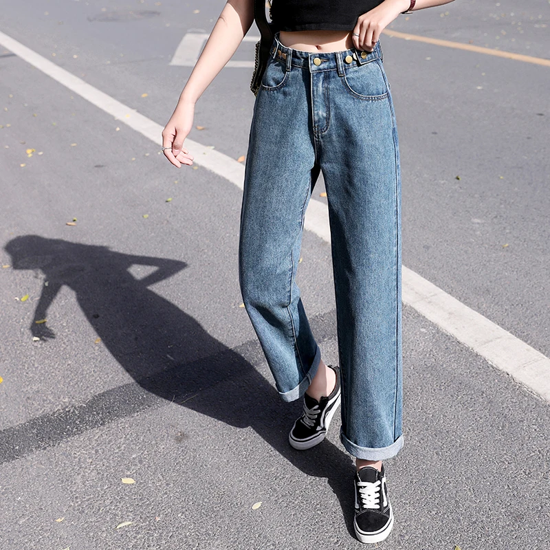 

Прямые джинсы с высокой талией, женские джинсовые брюки большого размера, черные джинсы МОМ, свободные джинсы-бойфренды для женщин, корейск...