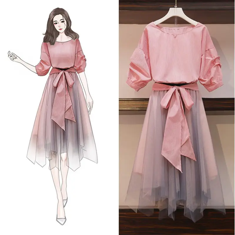 

Korean Summer Large Size Women's Set 2021 New Fashion Stripe Shirt Blouse + Irregular Mesh Skirt Two Piece Suit Outfit zh536