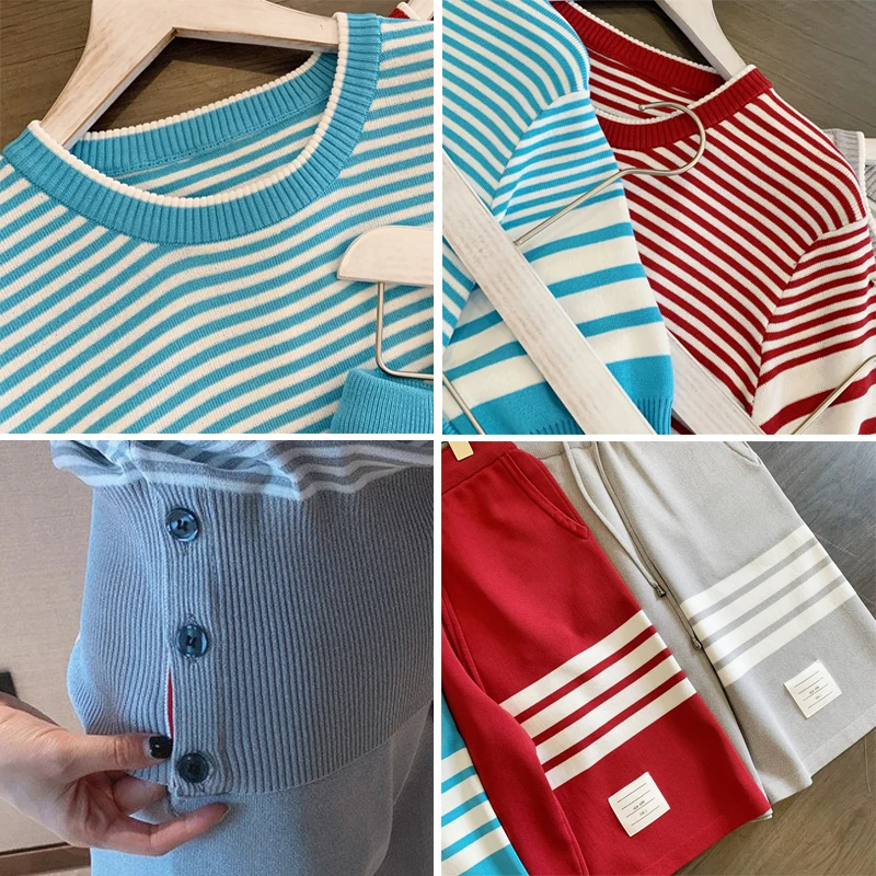

Casual Stripe Knitted Tracksuit Women Fashion Button Patchwork Knitwear T-Shirt And Loose Elastic Shorts Summer Two-Piece Suit
