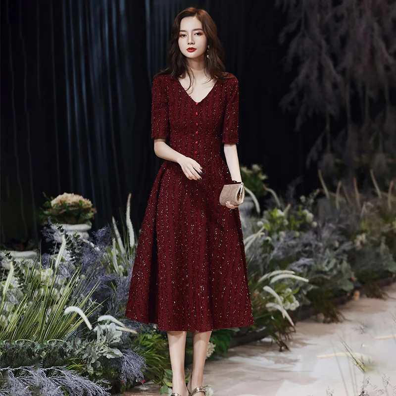 wei yin AE0364 2020 Burgundy Evening Dresses Half Sleeves Zipper Party Gowns V Neck vestidos de festa Formal Dress | Свадьбы и