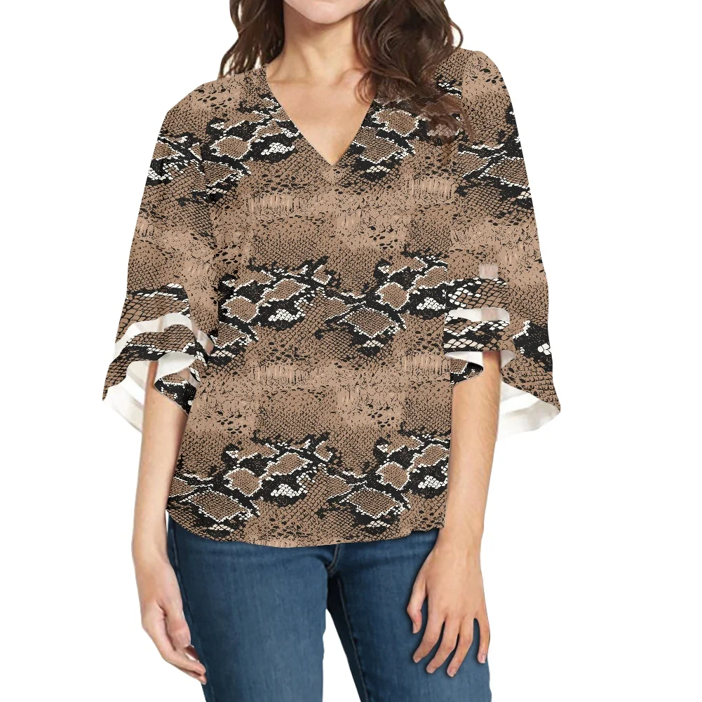 

Прямая поставка, мягкая удобная свободная туника с V-образным вырезом, топ, рубашка с узором под змеиную кожу, черная и коричневая шифоновая ...