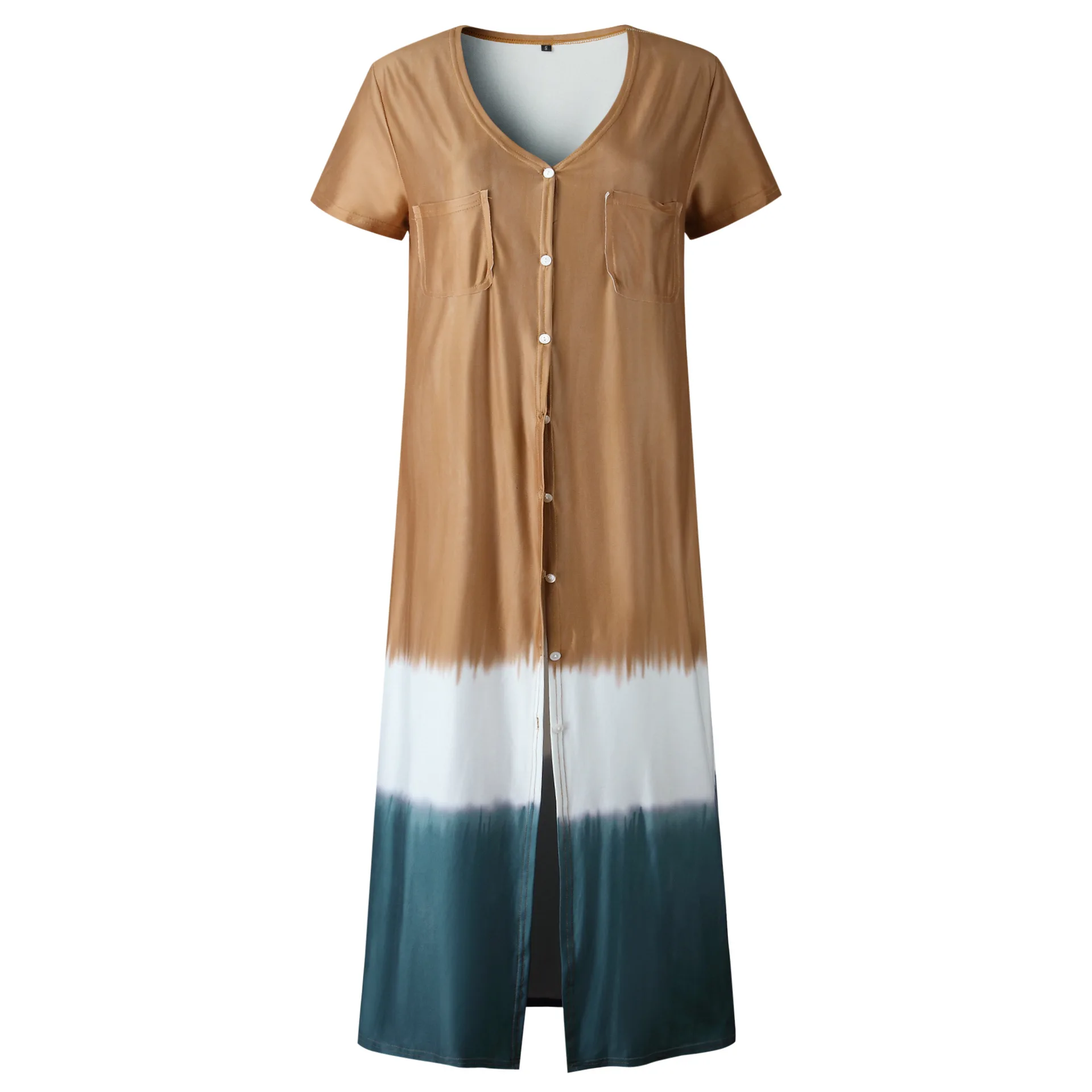 

Print Color Matching Single Breasted Long Cardigan T-Shirt Sexy V Neck Short Sleeve Women Slim Pocket Thin Cardigan Femme Summer