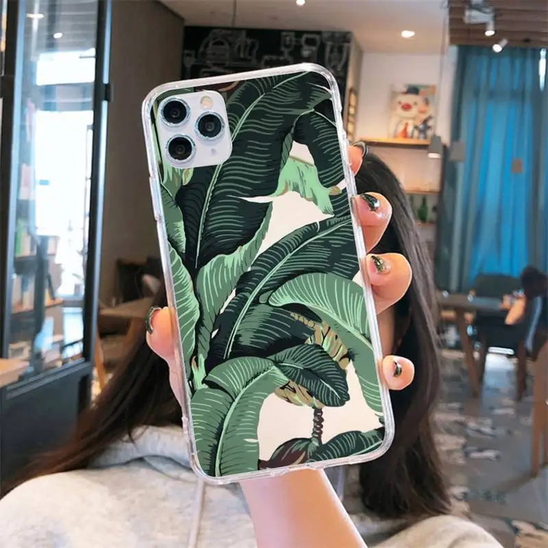

Banana Retro Green leaf pattern Phone Case Transparent for iPhone 6 7 8 11 12 s mini pro X XS XR MAX Plus