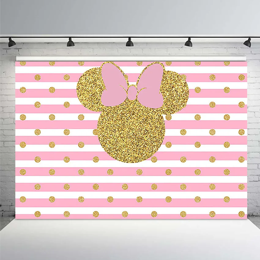 Background Photography Gold Mouse Face Photography Backdrop Kids Birthday Baby Shower Photo Booth Background Pink Stripes
