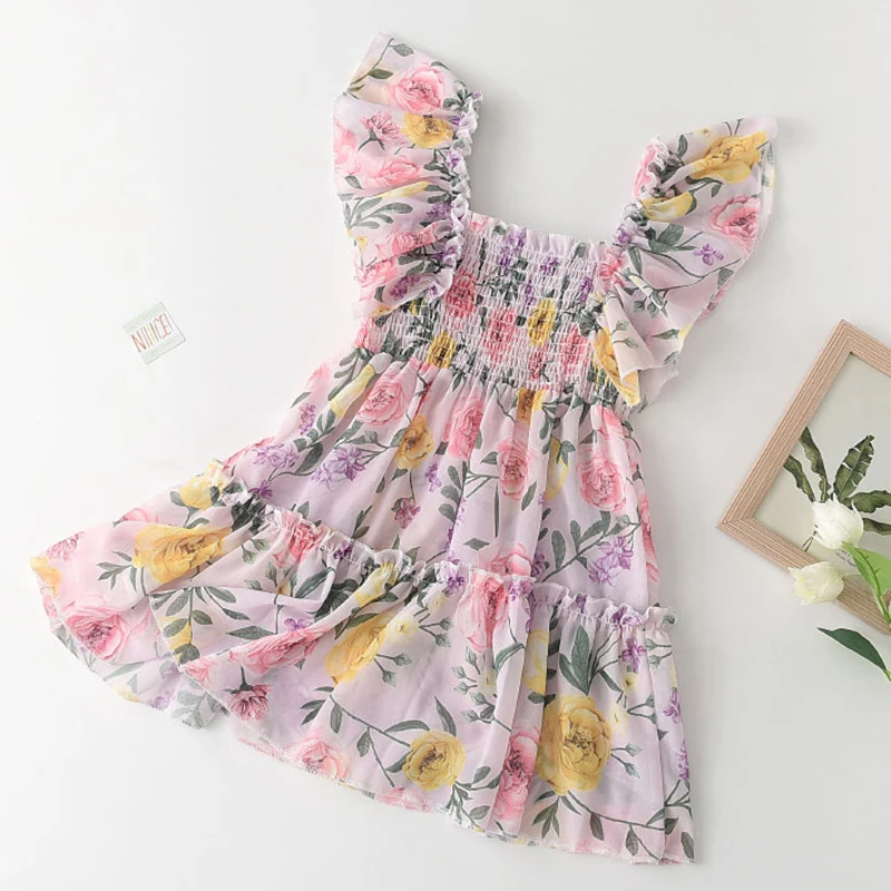 

Menoea 2-7Years European And American Style Children Sleeveless Flower Pattern Mesh Dress Girls Party Wedding Dresses Clothes