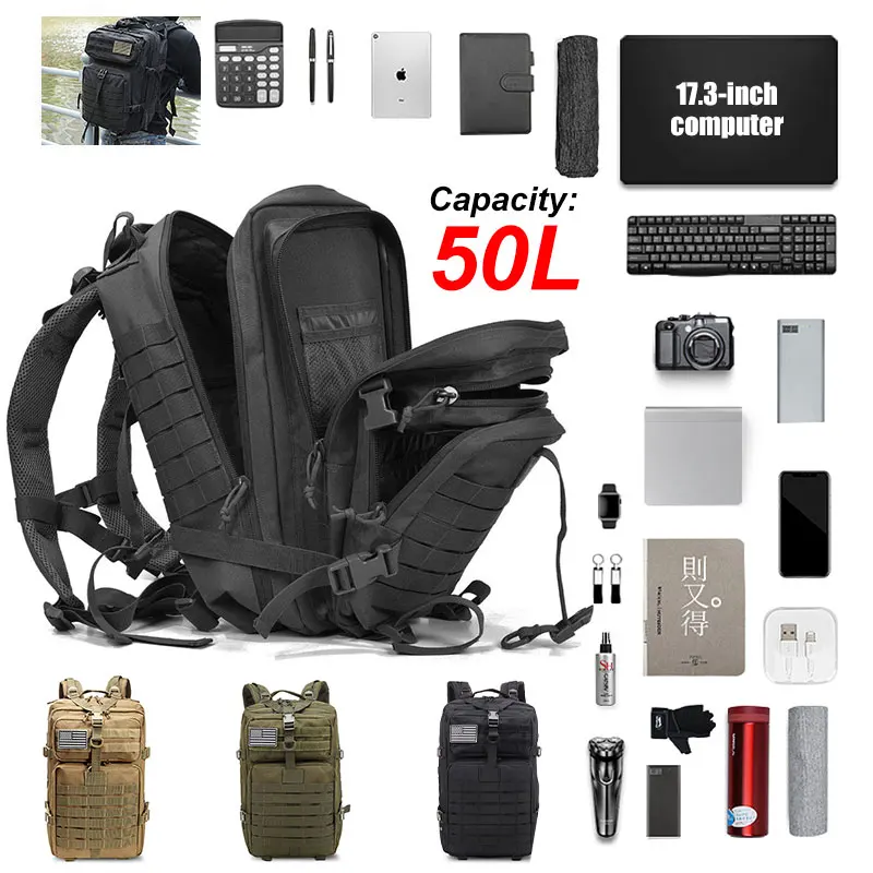 

50L Large Capacity Men's Army Military Tactical Backpack Military Assault Bag Outdoor Insect Proof 3P Hiking Camping Hunting Bag