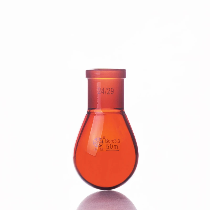 Brown flask eggplant shape,short neck standard grinding mouth,Capacity 50ml and joint 24/29,Brown eggplant-shaped flask