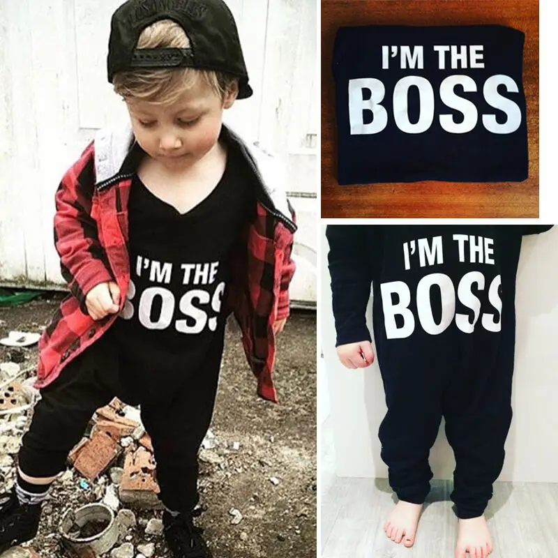Newborn Infant Baby Boy Kids Romper Jumpsuit Letter Printed Boss Black Romper Baby Boy Clothes Outfit