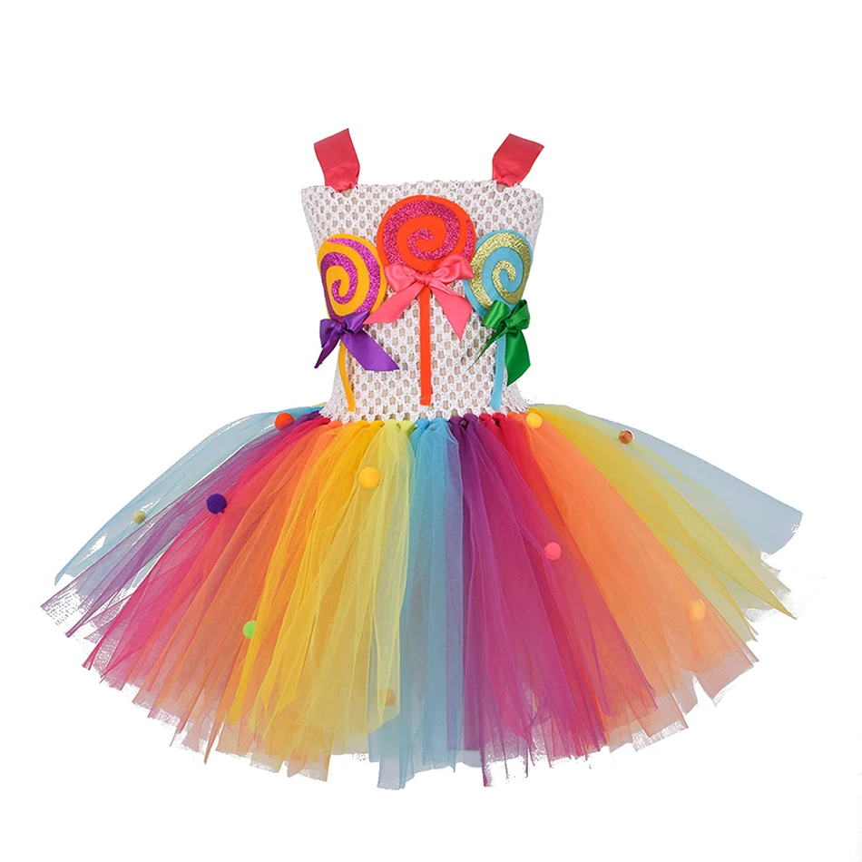Радужные платья-пачки для девочек с леденцами летние сетчатые вечерние платья