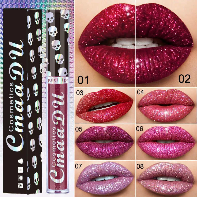 

HMG 8 Colors Shiny Lip Gloss Diamond Lip Stick Metal Color Waterproof Non-stick Long Lasting Liquid Stick Women Beasuty Makeup