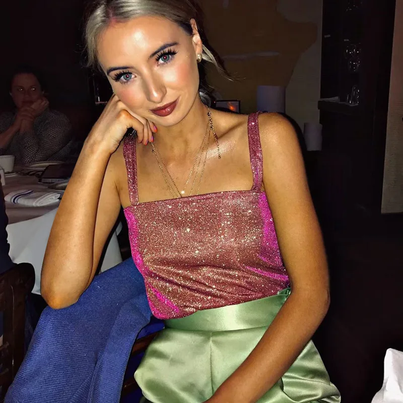 Блестящие женские топы без рукавов с вырезом лодочкой Сексуальные клубные