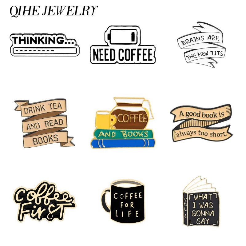 

Book and Coffee Enamel pins Collection "All I Need Is Book and Coffee" Books Lapel Pin Coffee Cups Metal Badges Banner Brooches