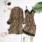 Женские пижамные комплекты из 3 предметов, шелковая атласная одежда для сна, пикантная Пижама с леопардовым принтом, топы, шорты и халат, женский домашний костюм, Пижама