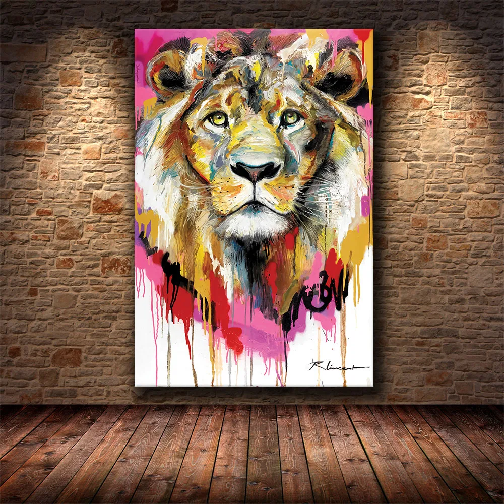 Животные Акварельная масляная живопись абстрактный Лев Холст Плакаты и принты