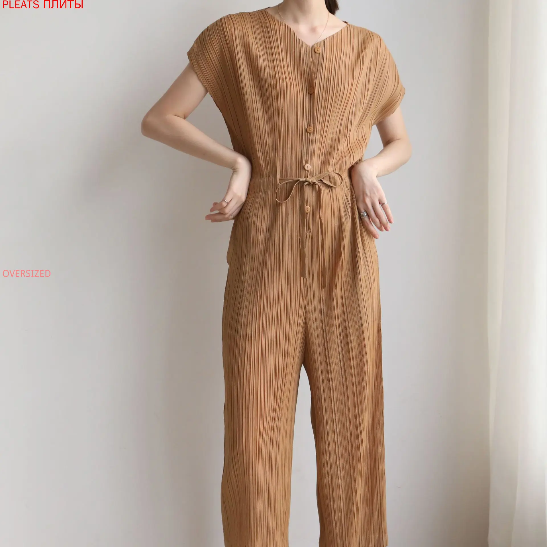 Summer Ins Miyake Folds New V-neck Western Style Large Size Slimming Short-sleeved Sleeved Jumpsuit