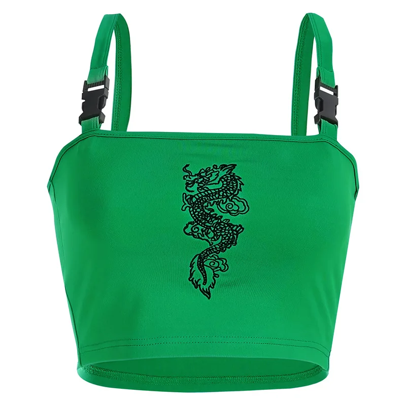 green Harajuku Пряжка Черный Дракон вышивка майка женская укороченная Уличная Сексуальная майка без рукавов Топ Лето короткий топ, бюстгальтер без косточек - Цвет: green