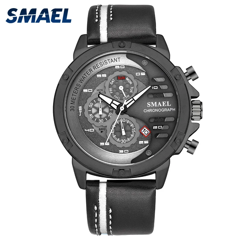 

SMAEL Men Fashion Casual Quartz Wristwatches Digital Clock Black Leather Led Watch Shock Resist Life Waterproof Sport Watches