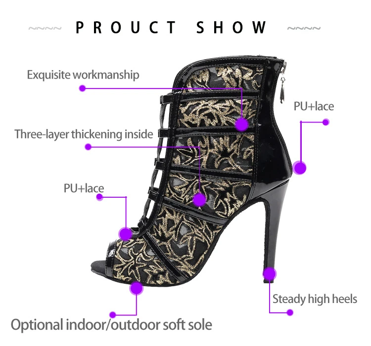 Salsa Jazz Ballroom Outdoor Plus Size Women Lattin Dance Shoes Ladies Tap Heel Rubber Golden Dancing Boots